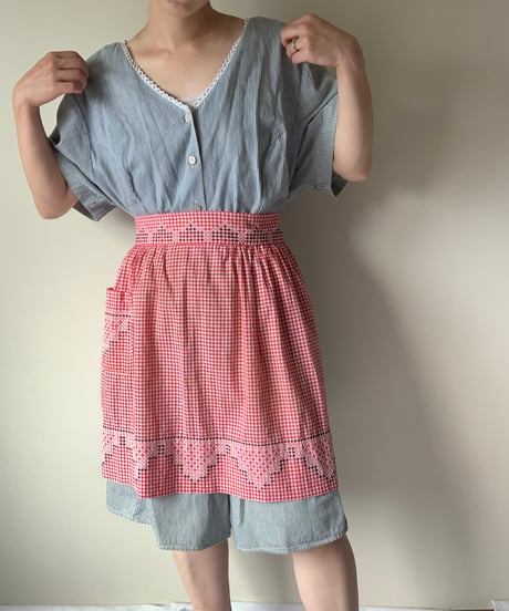 Gingham Check Waist Apron -Red-
