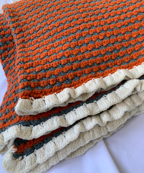 Knitting Big Blanket Rug -orange×blue gray-