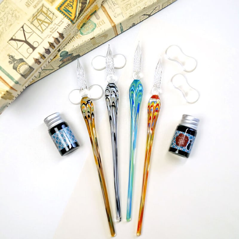 ガラスペン 青と透明 ツイストデザインとインクのセット Aqua＞ガラス