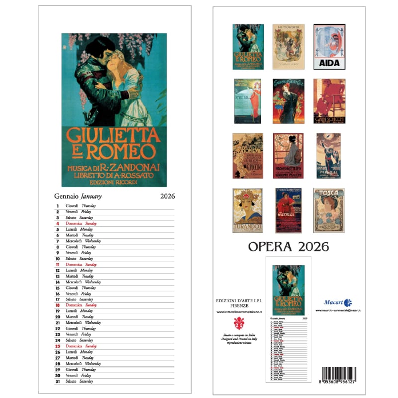 イタリア製 2026年 縦長カレンダー 【 OPERA CV2604 】 13.5×34cm