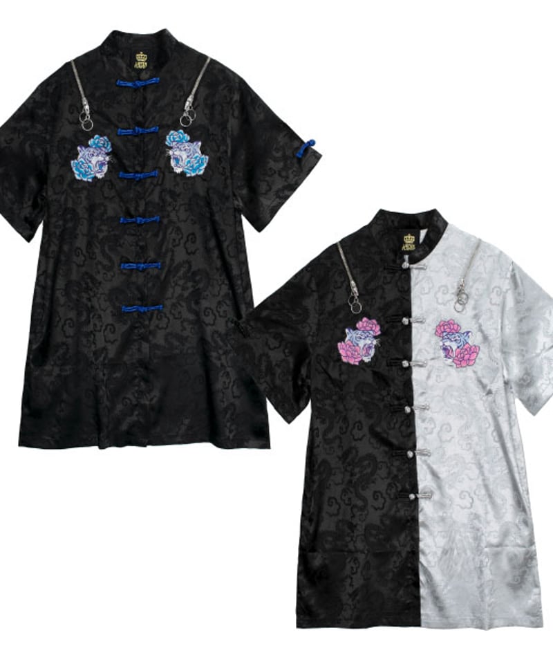 虎と牡丹のチャイナシャツ【TWO-TONE】｜LISTEN FLAVOR(リッスン