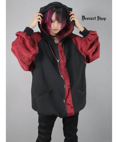 Deorart  DRT2873 猫耳フード 中華柄 切替え BIGパーカー ブルゾン