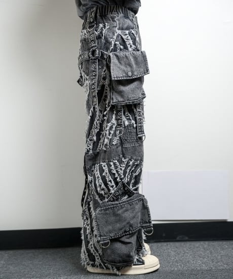 BACKSTAGEPASS　GBS4202　SCOTT W フリンジ加工 ワイドカーゴパンツ(GRAY)