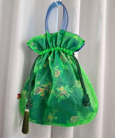 POPinPARTY　リバーシブル巾着BIGBAG（グリーン×台湾花柄風）