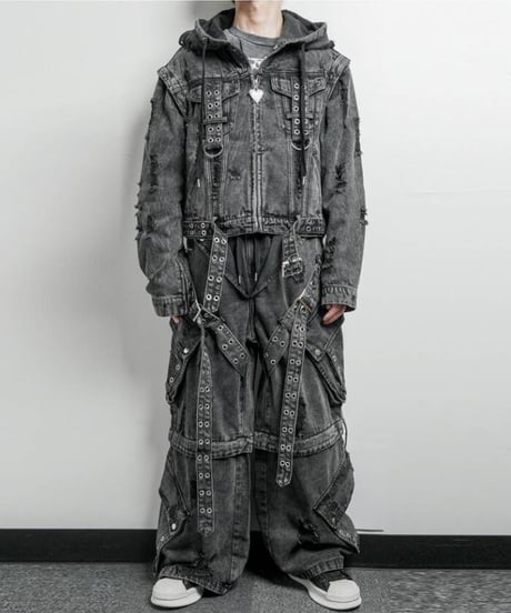 BACKSTAGEPASS　GBS4201　CHRIS 2WAY ベルト レザータッチ/デニム ワイドカーゴパンツ(DENIM)