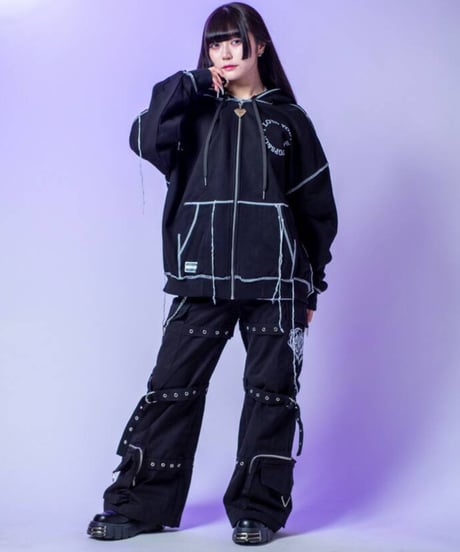 BACKSTAGEPASS　NGS5510　MARIONETTE(マリオネット)ハートロゴ刺繍 ジップアップ オーバーサイズ パーカー (BLACK)