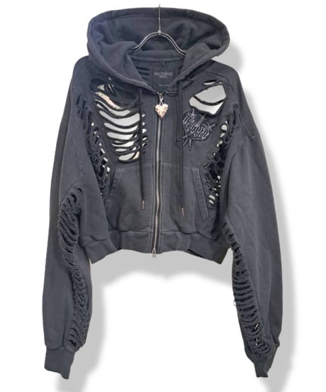 BACKSTAGEPASS　NGS516　DESTROY HOODIE-VEIN-S スケルトンダメージ ジップアップ クラッシュパーカー(D.GRAY)