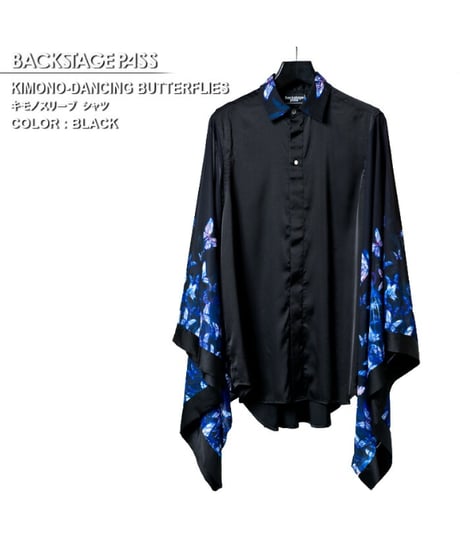 BACKSTAGEPASS　AGS3705　KIMONO-DANCING BUTTERFLIES(キモノ ダンシングバタフライズ) キモノスリーブ シャツ(BLACK)
