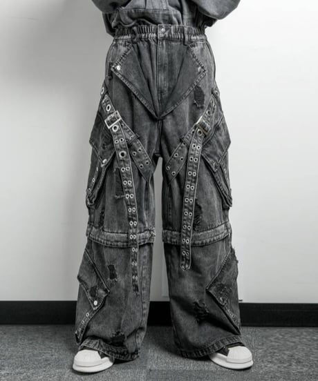 BACKSTAGEPASS　GBS4201　CHRIS 2WAY ベルト レザータッチ/デニム ワイドカーゴパンツ(DENIM)