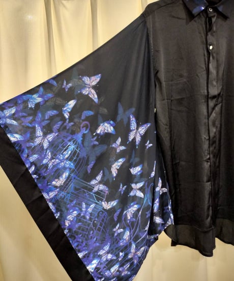 BACKSTAGEPASS　AGS3705　KIMONO-DANCING BUTTERFLIES(キモノ ダンシングバタフライズ) キモノスリーブ シャツ(BLACK)