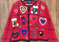 クリスマス アグリー ニット カーディガン 刺繍 装飾 くま リボン ハート 星 くつ下 ヴィンテージ カラフル ファンシー かわいい 古着/club723 クラブ723(N746)