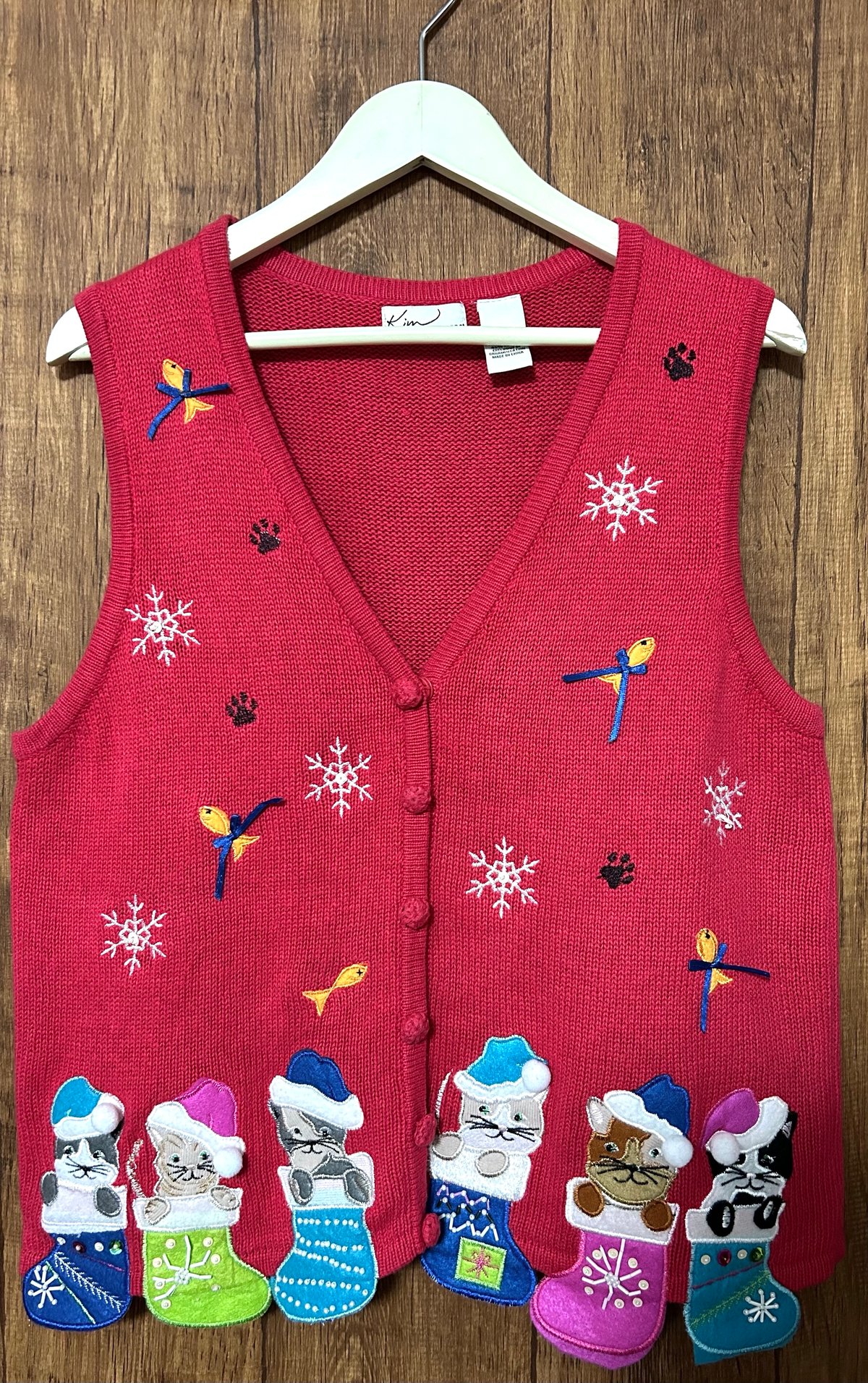 Picone ピンク 刺繍 ベスト サイズM ネコ ねこ ニット ベスト ピンク カラフル 刺繍 装飾 魚 靴下 冬