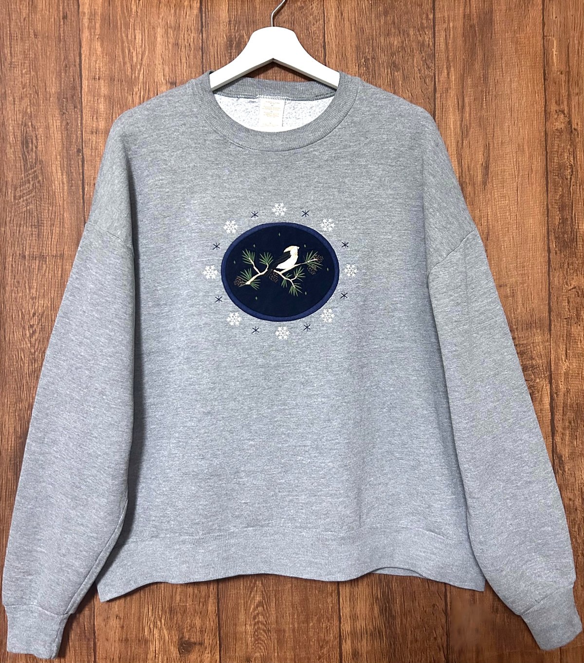 スウェット スエット トレーナー 刺繍 鳥 雪 グレー レトロ カントリー