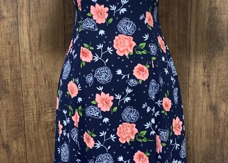 レトロ　ヴィンテージ  ロング　ワンピース　花柄　総柄　ネイビー　紺　半袖　古着　used vintage/ club723 (N187)