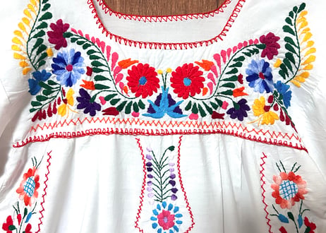メキシカン ワンピース 白 花 刺繍 手刺繍 ヴィンテージ エスニック ヒッピー カラフル メキシコ おしゃれ かわいい USA 古着/club723 クラブ723(N791)
