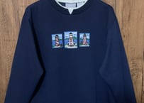 刺繍 スウェット スエット トレーナー 紺 ネイビー 二重襟 灯台 アメリカン レトロ カントリー 個性的 おしゃれ USA ヴィンテージ vintage used 古着/club723(N401)