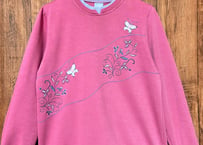 刺繍 スウェット トレーナー ピンク 蝶 チョウ 二重襟 レトロ カントリー ガーリー ファンシー かわいい ヴィンテージ vintage used 古着/club723 クラブ723(N621)