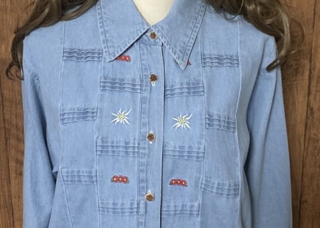 デニム シャツ 刺繍 花 小花 大きめ 大きい ゆったり 長袖 アメリカン カントリー レトロ チロリアン USA ヴィンテージ used vintage 古着/club723(N420)