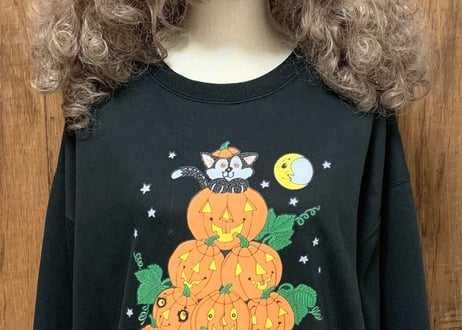 ハロウィン ハロウィーン 黒 スウェット トレーナー ネコ 猫 カボチャ パンプキン 月 ださかわ アグリー USA ヴィンテージ ユーズド used vintage 古着/club723(N339)