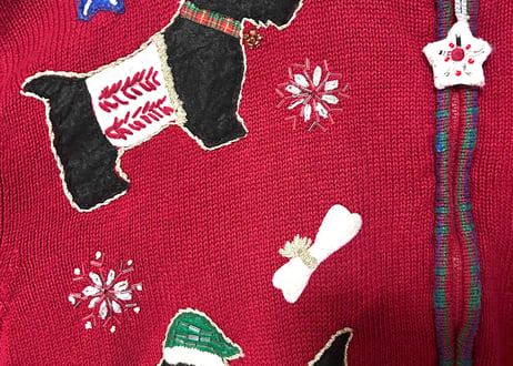 クリスマス アグリー ニット カーディガン 犬 動物 赤 刺繍 装飾 ツリー カラフル ファンシー おしゃれ かわいい ヴィンテージ USA 古着/club723 クラブ723(N742)
