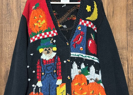 ハロウィン ハロウィーン ニット カーディガン 黒 カボチャ パンプキン 月 りんご ヴィンテージ ファンシー カラフル 個性的 かわいい USA 古着/club723 クラブ723(N717)