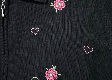 ねこ ネコ 動物 ニット カーディガン 黒 刺繍 装飾 花 ヴィンテージ カントリー ファンシー かわいい vintage used 古着/club723 クラブ723(N721)