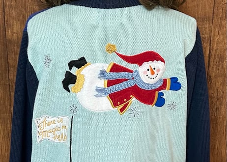 スノーマン ニット カーデ 紺 ネイビー 刺繍 ツリー ネコ 鳥 羊 うさぎ ヴィンテージ カントリー レトロ 個性的 かわいい 古着/club723(N446)