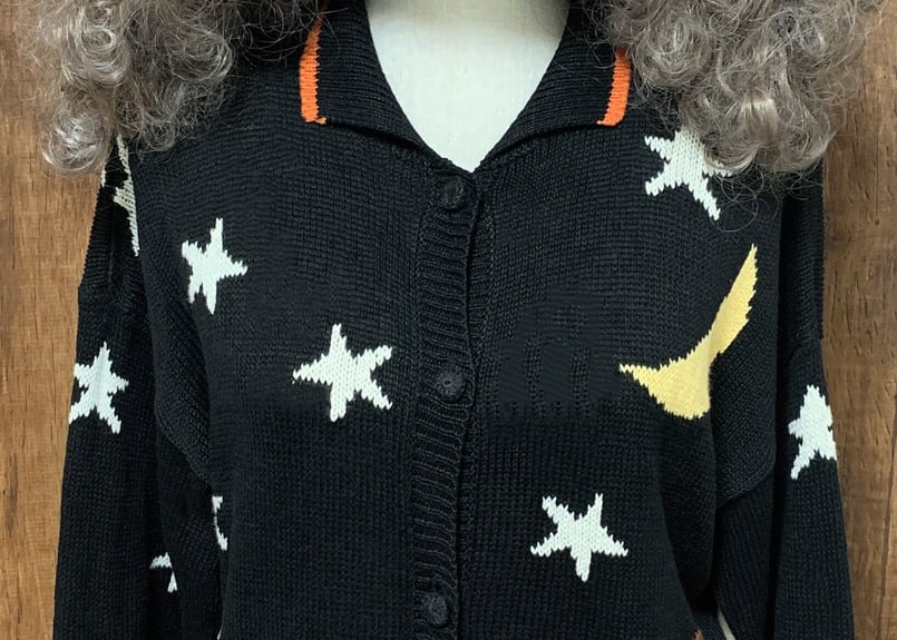 ニットカーディガン　ハロウィン　ゴースト　かぼちゃ　フクロウ　ねこ　ニット　黒 アメリカ古着 ハロウィンにぴったり かぼちゃボタン
