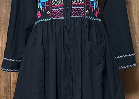 刺繍 ロング ワンピース 長袖 黒 鳥 花 ヴィンテージ エスニック レトロ カントリー フォークロア おしゃれ かわいい vintage used 古着/club723 クラブ723(N777)