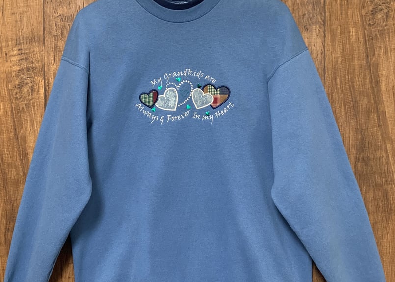 水色 スウェット スエット トレーナー ハート 刺繍 装飾 二重襟 レトロ