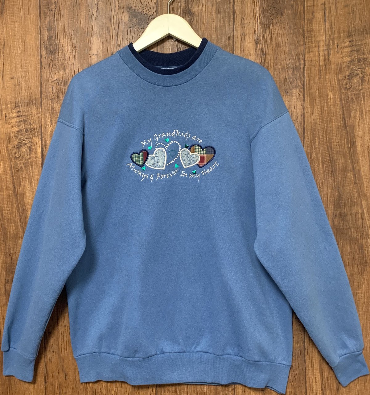 水色 スウェット スエット トレーナー ハート 刺繍 装飾 二重襟 レトロ