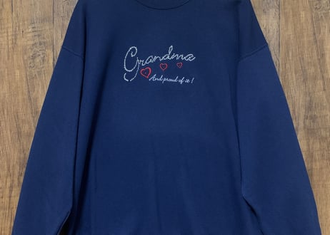 ネイビー 紺 スウェット トレーナー 刺繍 スパンコール 装飾 ハート 二重襟 おしゃれ 個性的 レトロ アメリカン USA vintage used 古着/club723(N292)