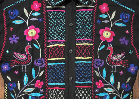 刺繍 ロング ワンピース 長袖 黒 鳥 花 ヴィンテージ エスニック レトロ カントリー フォークロア おしゃれ かわいい vintage used 古着/club723 クラブ723(N777)