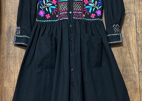 刺繍 ロング ワンピース 長袖 黒 鳥 花 ヴィンテージ エスニック レトロ カントリー フォークロア おしゃれ かわいい vintage used 古着/club723 クラブ723(N777)