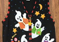 ハロウィン ハロウィーン ニットベスト おばけ 黒 刺繍 装飾 星 月 ファンシー レトロ 個性的 かわいい ヴィンテージ USA 古着/club723 クラブ723(N708)
