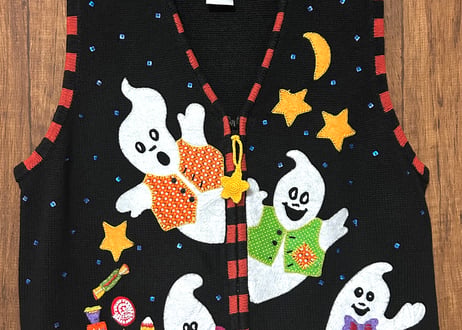 ハロウィン ハロウィーン ニットベスト おばけ 黒 刺繍 装飾 星 月 ファンシー レトロ 個性的 かわいい ヴィンテージ USA 古着/club723 クラブ723(N708)