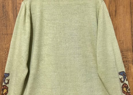 ニット カーディガン カーデ 長袖 グリーン 黄緑 刺繍 ヨーロッパ ヴィンテージ カラフル レトロ カントリー おしゃれ vintage used 古着/club723 クラブ723(N719)