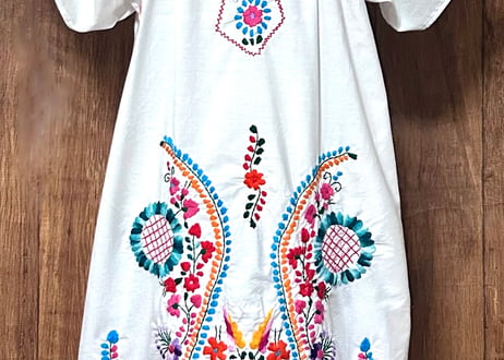 メキシカン ワンピース 白 花 刺繍 手刺繍 ヴィンテージ エスニック ヒッピー カラフル メキシコ おしゃれ かわいい USA 古着/club723 クラブ723(N791)