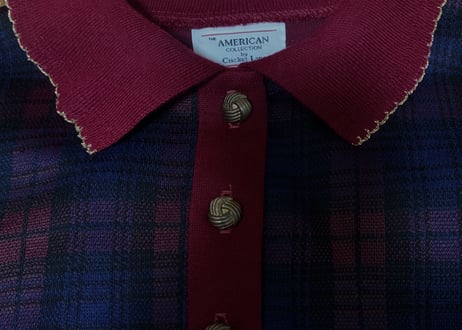レトロ クラシカル トップス 長袖 襟 チェック エンジ ボルドー 紺 ネイビー トラッド アイビー 個性的 おしゃれ USA vintage used 古着/club723(N273)