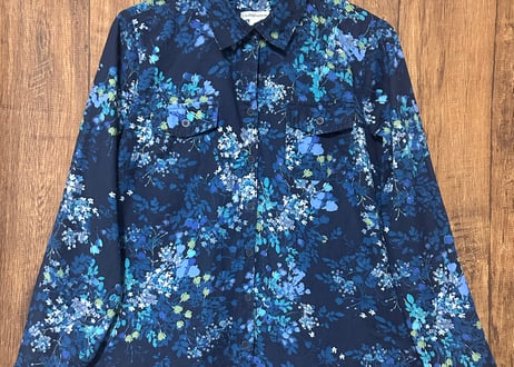 花柄 総柄 シャツ 長袖 七分 胸ポケット 紺 ネイビー レトロ カントリー おしゃれ かわいい ヴィンテージ used vintage 古着/club723 クラブ723(N766)