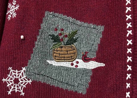 スノーマン 雪だるま ニット セーター カーディガン エンジ 刺繍 鳥 雪 冬 ヴィンテージ カントリー レトロ カラフル 個性的 かわいい vintage used 古着/club723(N444)