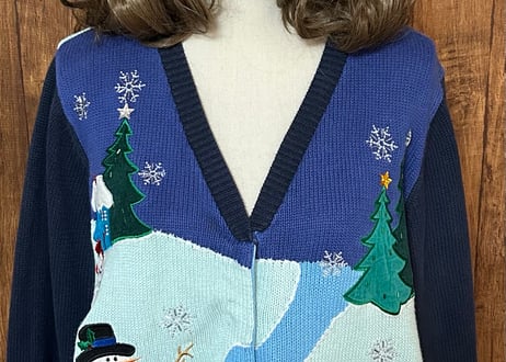 スノーマン ニット カーデ 紺 ネイビー 刺繍 ツリー ネコ 鳥 羊 うさぎ ヴィンテージ カントリー レトロ 個性的 かわいい 古着/club723(N446)