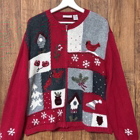 クリスマス　刺繍カーディガン　アグリーセーター　ヴィンテージ　赤 クリスマス 刺繍カーディガン アグリーセーター ヴィンテージ 赤