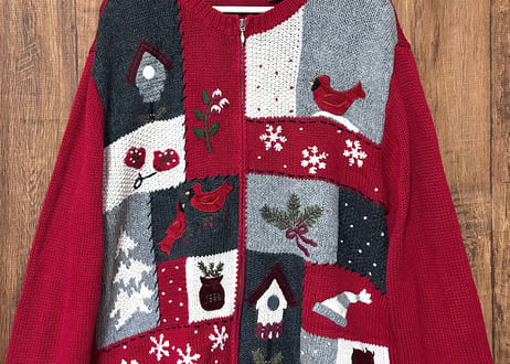 刺繍 ニット カーディガン 鳥 家 雪 冬 赤 ファンシー レトロ カントリー 個性的 おしゃれ かわいい ヴィンテージ vintage used 古着/club723 クラブ723(N723)