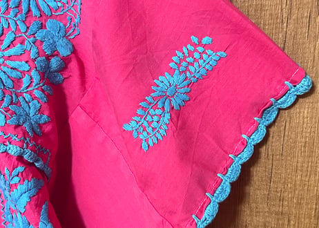 メキシカン ワンピース ピンク 水色 花 刺繍 手刺繍 ヴィンテージ エスニック ヒッピー カラフル メキシコ おしゃれ かわいい 古着/club723 クラブ723(N795)