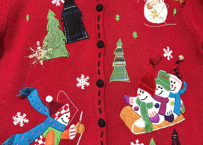 クリスマス アグリー ニット カーディガン 赤 刺繍 装飾 スノーマン