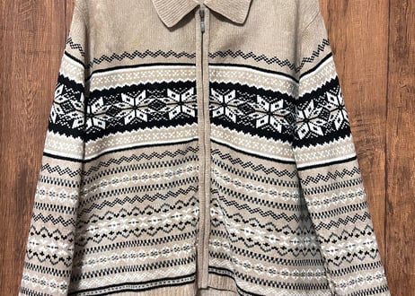 ニット セーター カーディガン カーデ 雪柄 ベージュ ファスナー レトロ カジュアル 個性的 おしゃれ かわいい vintage used 古着/club723 クラブ723(N574)