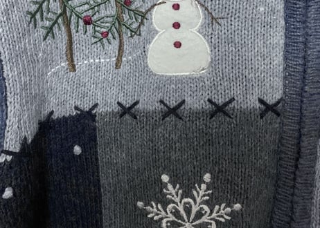 クリスマス アグリー セーター ニット カーデ 水色 ブルー 雪だるま スノーマン 刺繍 カントリー レトロ 個性的 カラフル かわいい vintage used 古着/club723(N353)