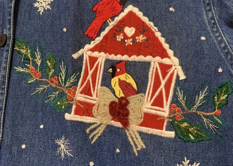 赤い鳥　クリスマス　デニム　シャツ　大きめ　ビッグ　XL 刺繍　アップリケ　家　リボン　アメリカン　カントリー　ヴィンテージ vintage used USA 古着/club723 (N151)