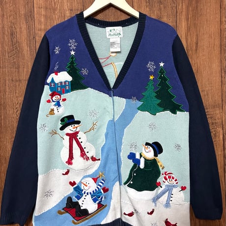 アグリー セーター クリスマス ニット カーデ ハンドメイド スノーマン 雪 紺 アグリー セーター クリスマス ニット カーデ ハンドメイド